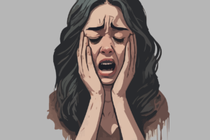 Illustration of a woman with long dark hair holding her face with both hands, eyes closed tightly, mouth open as if crying or screaming, expressing intense emotion or distress on a plain gray background